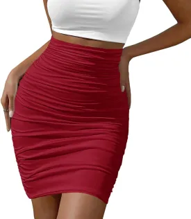 Afibi Women's Elastic High Waist Ruched Bodycon Stretch Club Pencil Midi Skirt