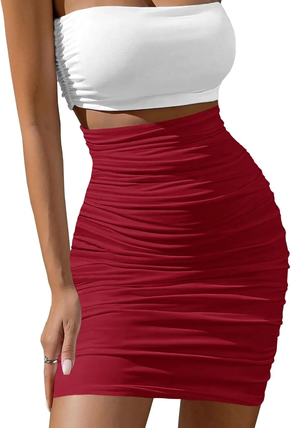 Afibi Women's Elastic High Waist Ruched Bodycon Stretch Club Pencil Midi Skirt