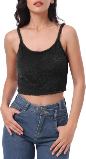 Amazhiyu Women's Fuzzy Cropped Tank Top Sweater-Knit Scoop Neck Crop Cami