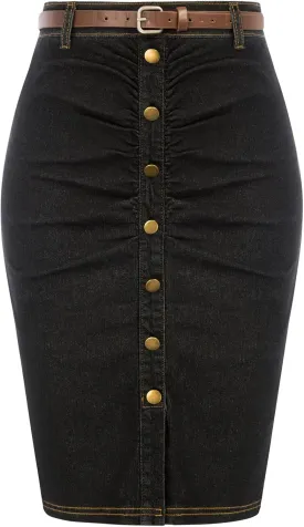 Belle Poque Denim Pencil Skirt for Women Ruched Bodycon Jeans Skirt with Belt High Waisted Pencil Skirts