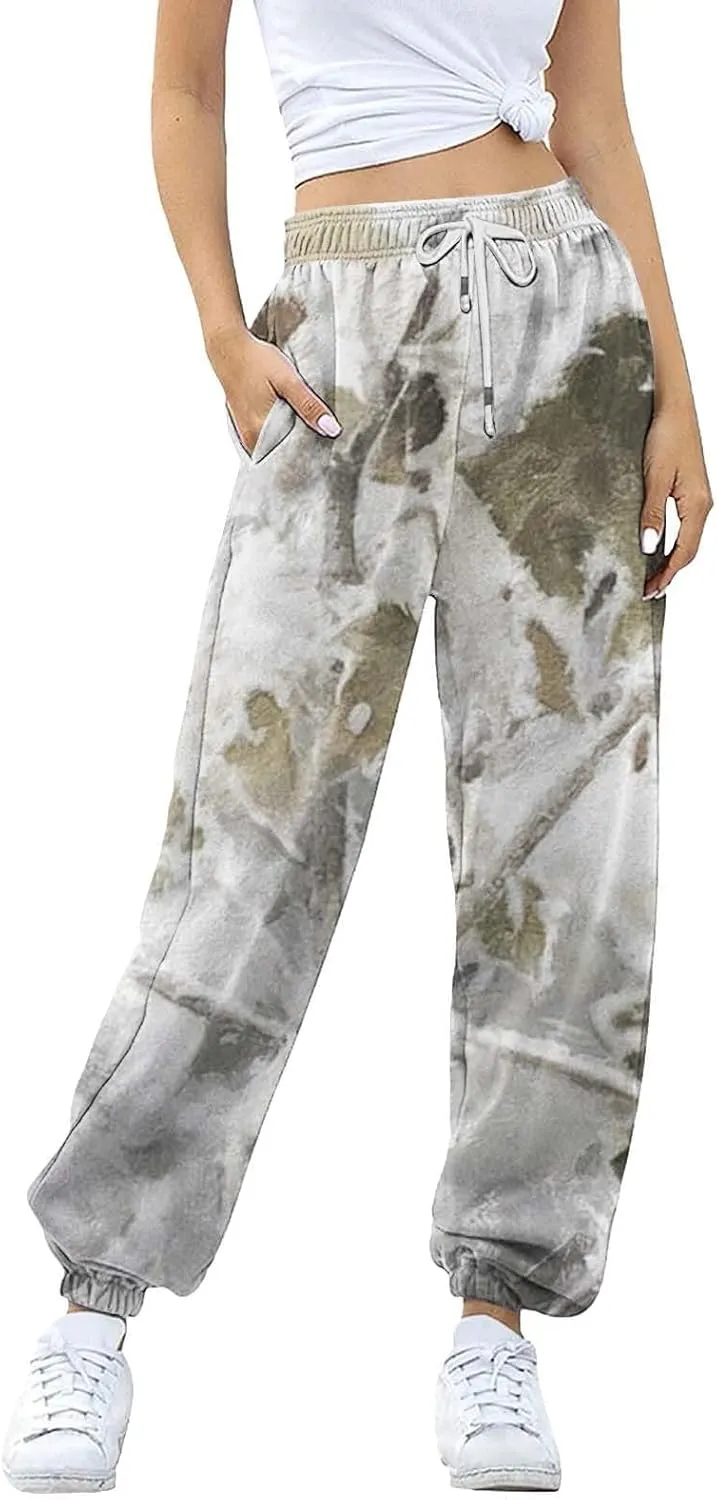 Camo Cargo Pants for Women - High Waisted Wide Leg Sweatpants, Baggy Elastic Joggers, Camouflage Trousers for Workout