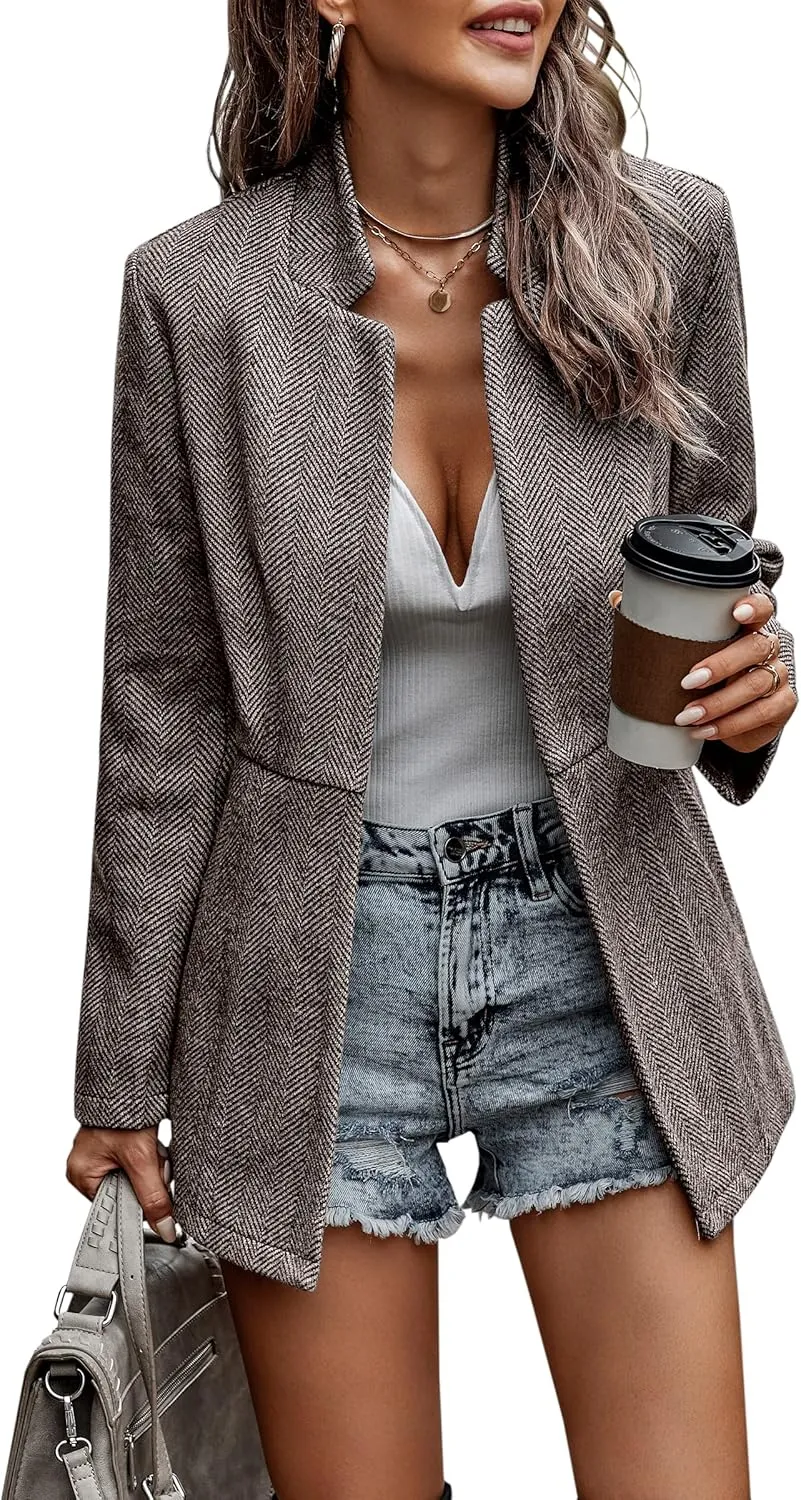 CCTOO Women's Coat Casual Open Front Blazer Long Sleeve Stand Collar Solid Trench Business Work Office Jacket Outwear