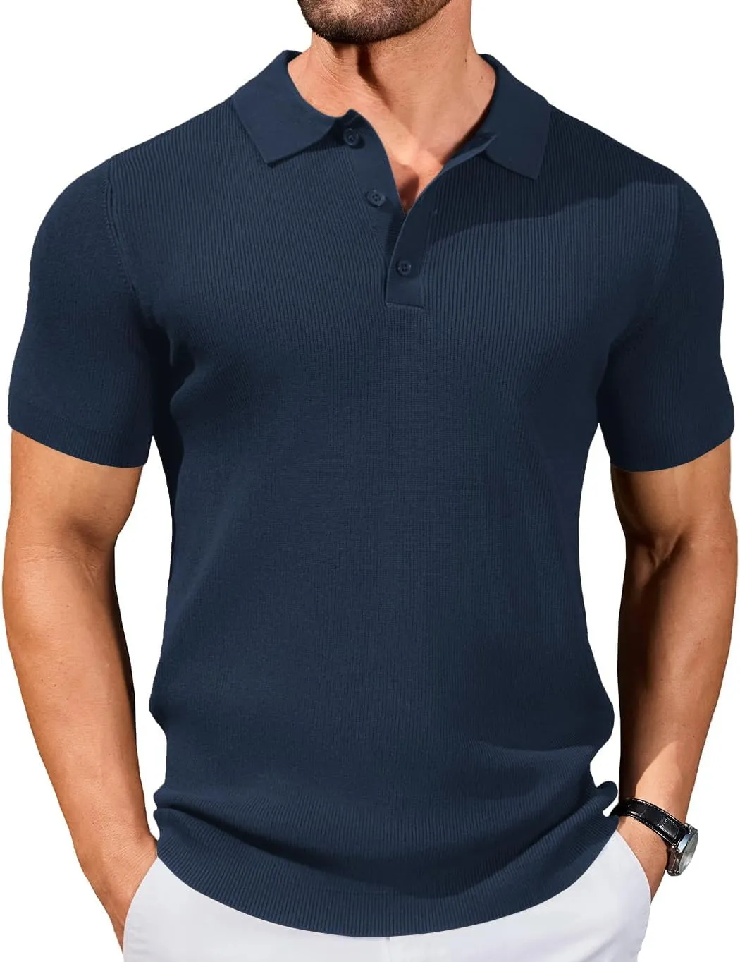 COOFANDY Mens Slim Fit Knit Polo Shirts Business Lightweight Polo Sweater Casual Summer Ribbed Textured Collared T Shirt
