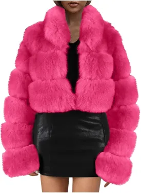 Cropped Puffy Teddy Jacket for Women Fluffy Faux Fur Coat Winter Warm Fuzzy Outerwear Long Sleeve Parka Coat