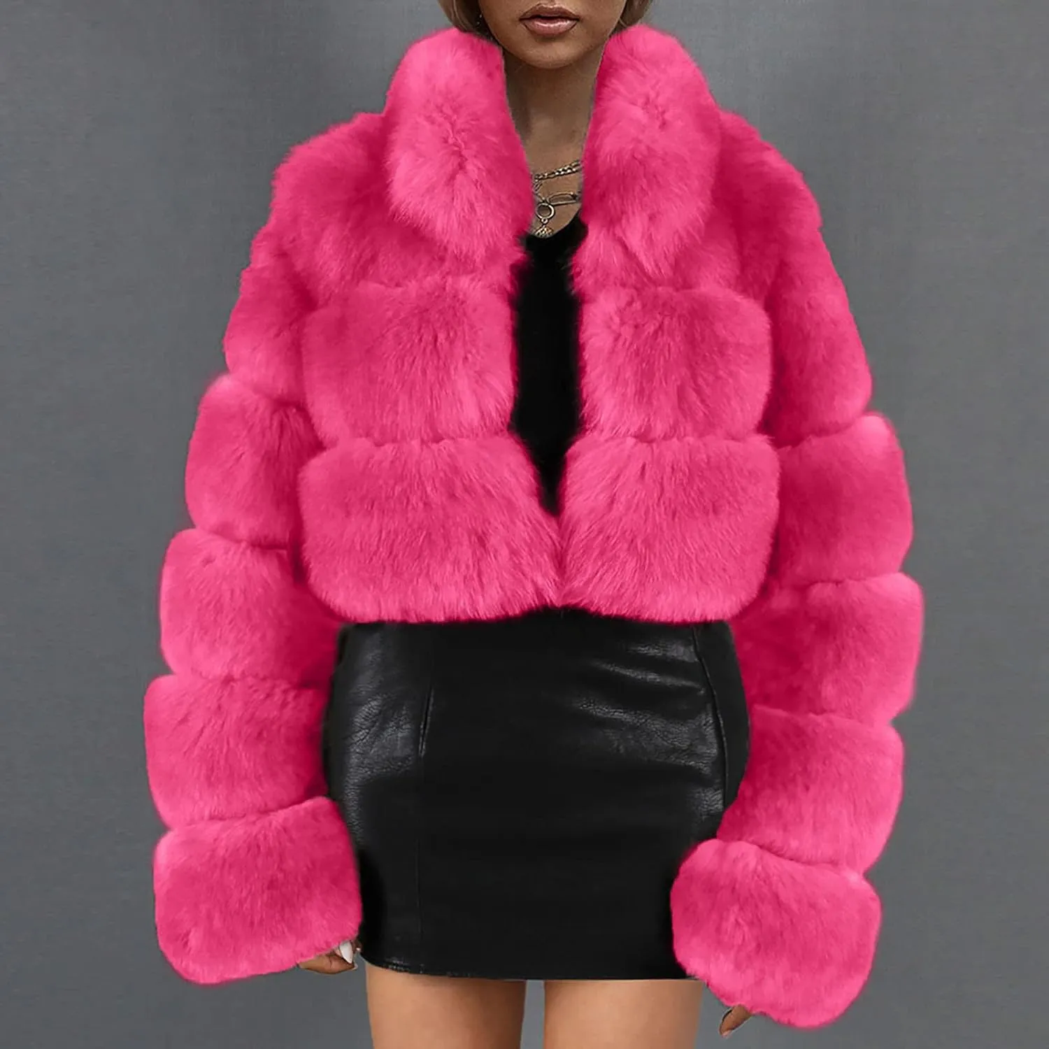 Cropped Puffy Teddy Jacket for Women Fluffy Faux Fur Coat Winter Warm Fuzzy Outerwear Long Sleeve Parka Coat