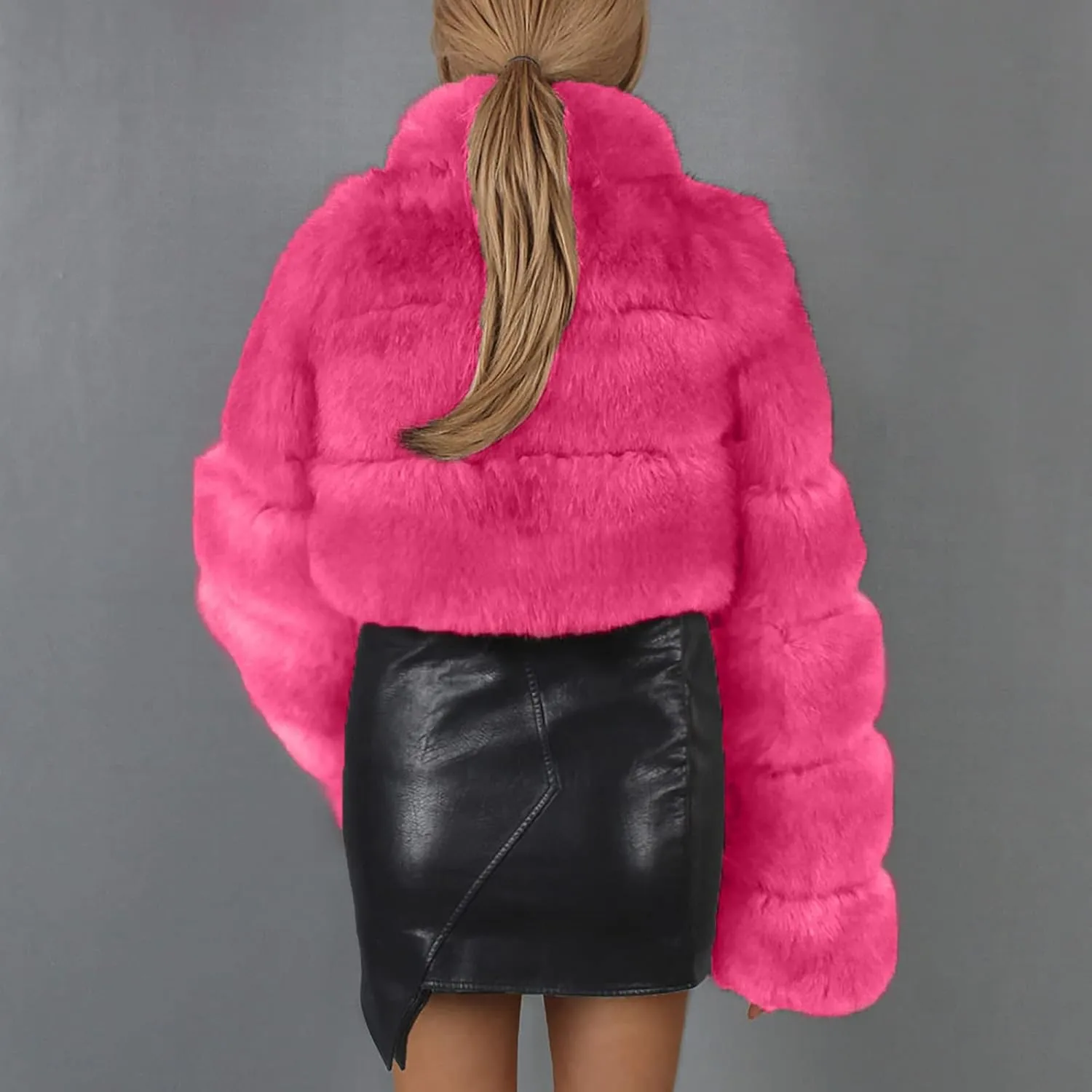 Cropped Puffy Teddy Jacket for Women Fluffy Faux Fur Coat Winter Warm Fuzzy Outerwear Long Sleeve Parka Coat