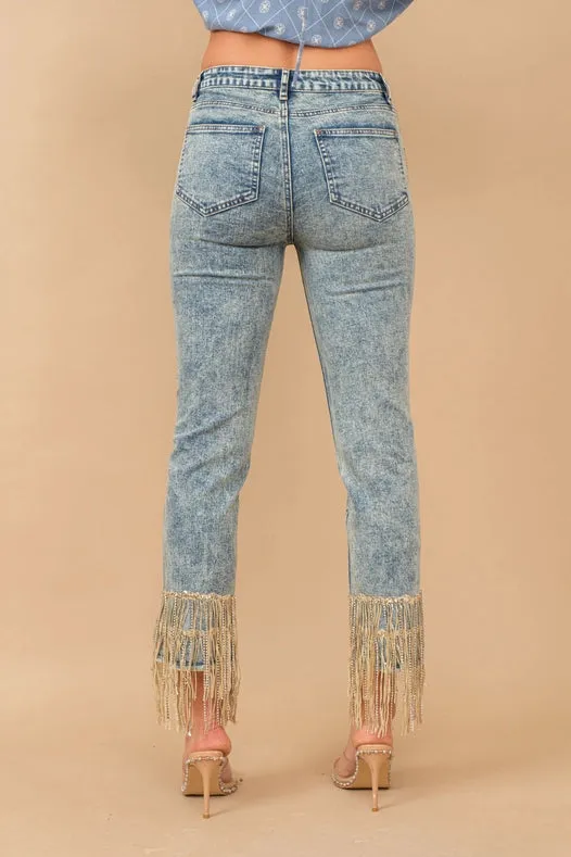 Garment Washed Side Sequin Tape Fringe Denim Jeans Med Wash