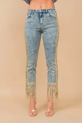 Garment Washed Side Sequin Tape Fringe Denim Jeans Med Wash