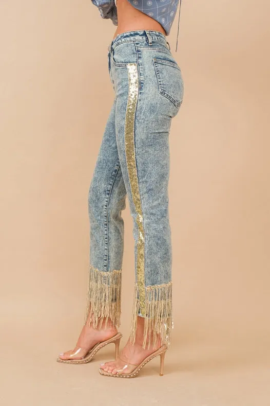 Garment Washed Side Sequin Tape Fringe Denim Jeans Med Wash