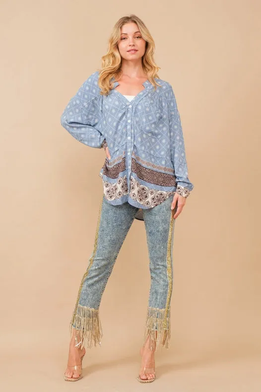 Garment Washed Side Sequin Tape Fringe Denim Jeans Med Wash