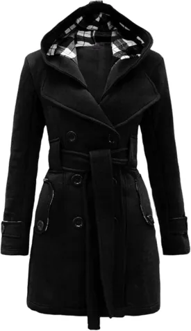 GRASWE Women's Winter Double Breasted Plaid Pea Coat Mid Long Outwear Coat with Hood