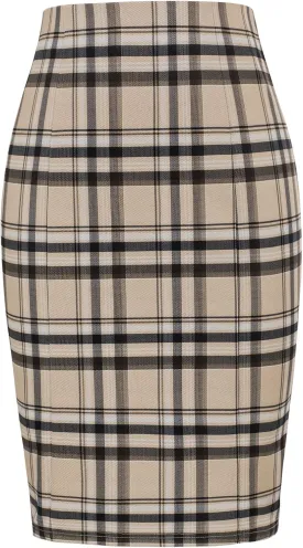 Kate Kasin Womens Knee Length Elastic Waist Stretchy Bodycon Plaid Business Pencil Skirt