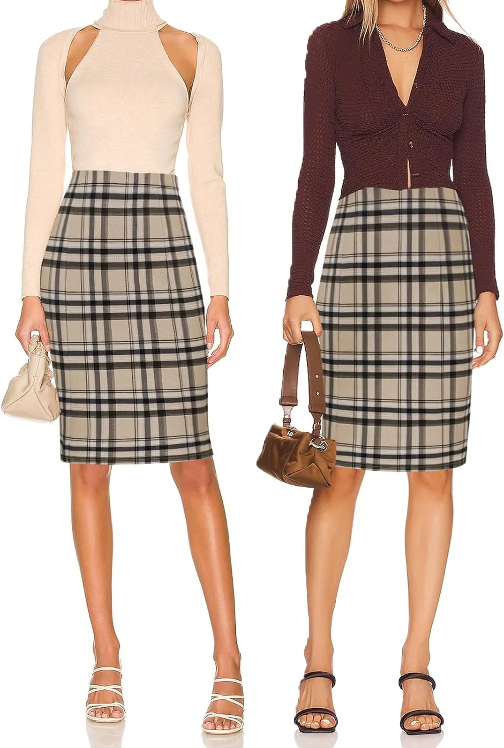 Kate Kasin Womens Knee Length Elastic Waist Stretchy Bodycon Plaid Business Pencil Skirt