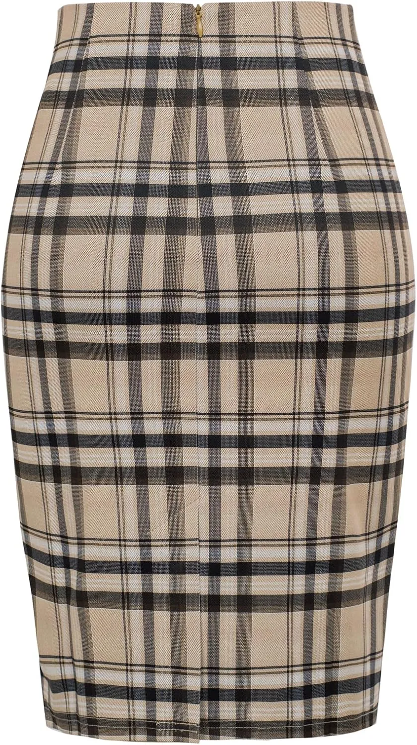 Kate Kasin Womens Knee Length Elastic Waist Stretchy Bodycon Plaid Business Pencil Skirt