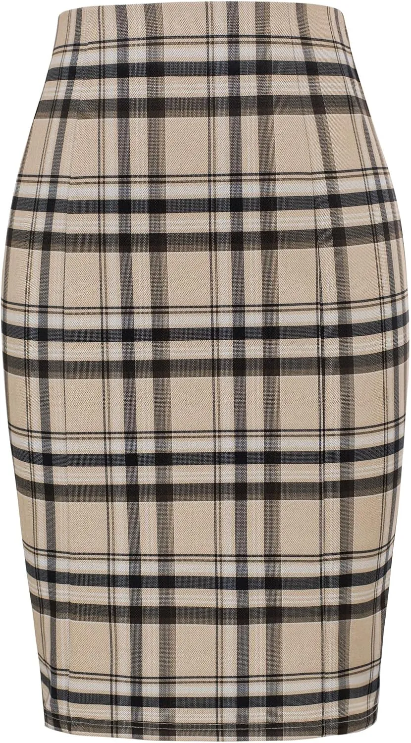 Kate Kasin Womens Knee Length Elastic Waist Stretchy Bodycon Plaid Business Pencil Skirt