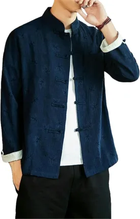 Men's Autumn Retro Chinese Style Loose Fit Jacquard Stand Collar Frog Button Long Sleeve Shirt Linen Style