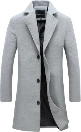 Mens Trench Coat Mid Length Wool Coat Big and Tall Winter Jacket Single Breasted Peacoat Lapel Cardigan Jacket