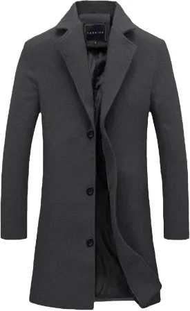 Mens Trench Coat Mid Length Wool Coat Big and Tall Winter Jacket Single Breasted Peacoat Lapel Cardigan Jacket