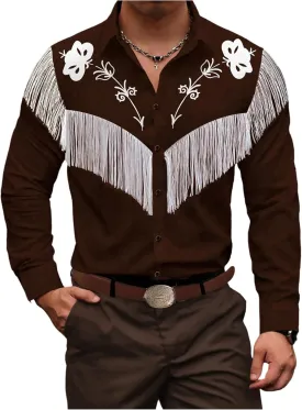 Men's Vintage Western Cowboy Shirt Floral Fringe Shirt Long Sleeve Button Down 70s Hippie Top Cowboys Costume