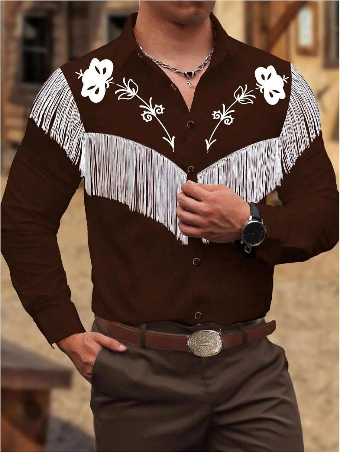 Men's Vintage Western Cowboy Shirt Floral Fringe Shirt Long Sleeve Button Down 70s Hippie Top Cowboys Costume