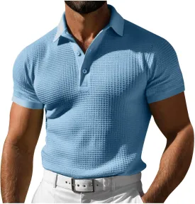 Men's Waffle Knit Polo Shirts Summer Short Sleeve Texture Lightweight Golf Shirts Sweater Muscle T-Shirt Tops