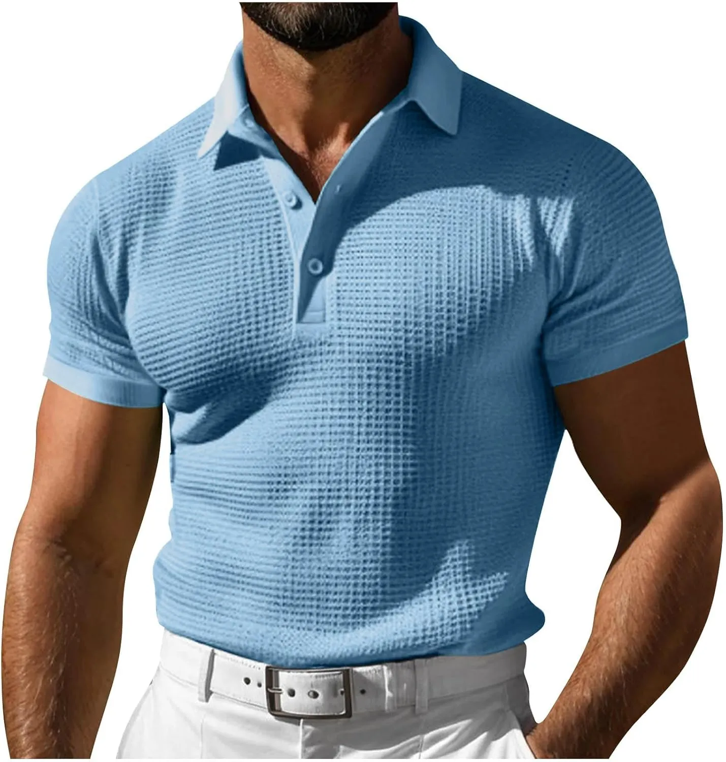 Men's Waffle Knit Polo Shirts Summer Short Sleeve Texture Lightweight Golf Shirts Sweater Muscle T-Shirt Tops