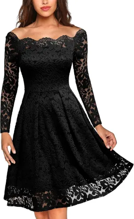 MISSMAY Women's Vintage Floral Lace Long Sleeve Boat Neck Cocktail Party Swing Dress