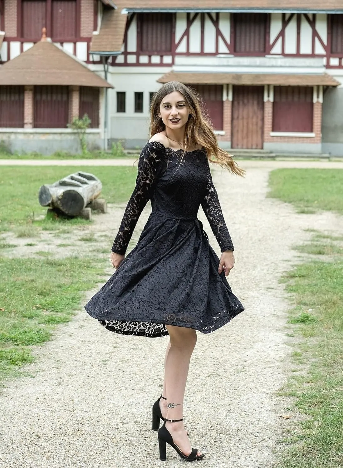 MISSMAY Women's Vintage Floral Lace Long Sleeve Boat Neck Cocktail Party Swing Dress