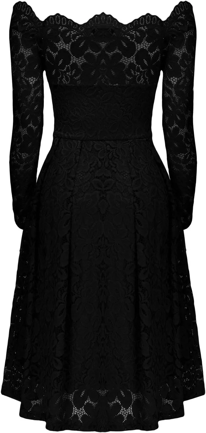 MISSMAY Women's Vintage Floral Lace Long Sleeve Boat Neck Cocktail Party Swing Dress