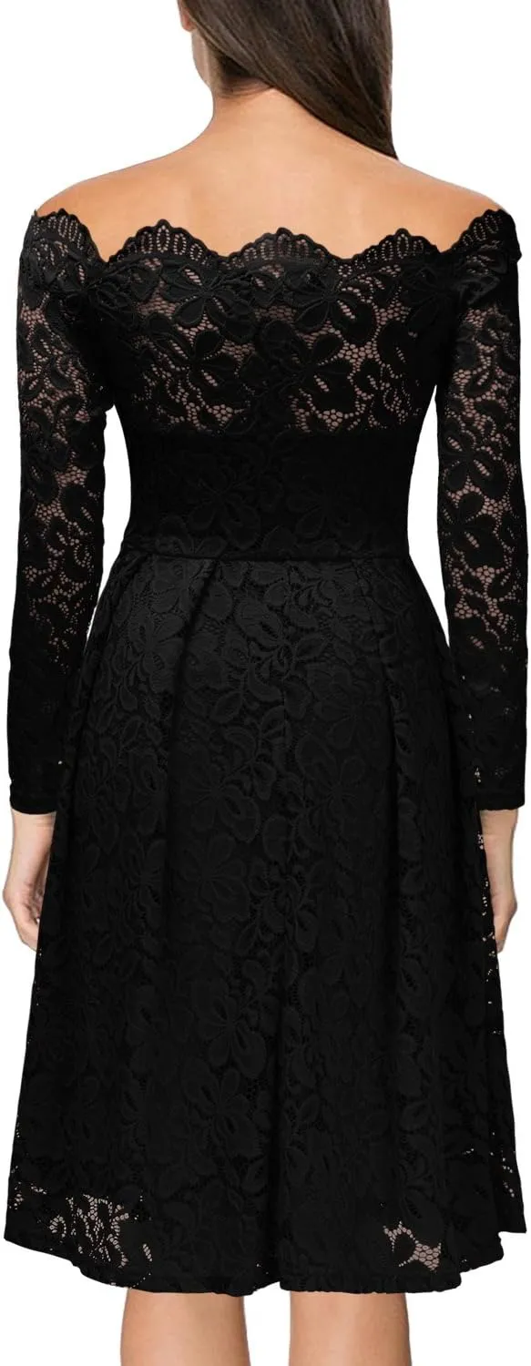MISSMAY Women's Vintage Floral Lace Long Sleeve Boat Neck Cocktail Party Swing Dress
