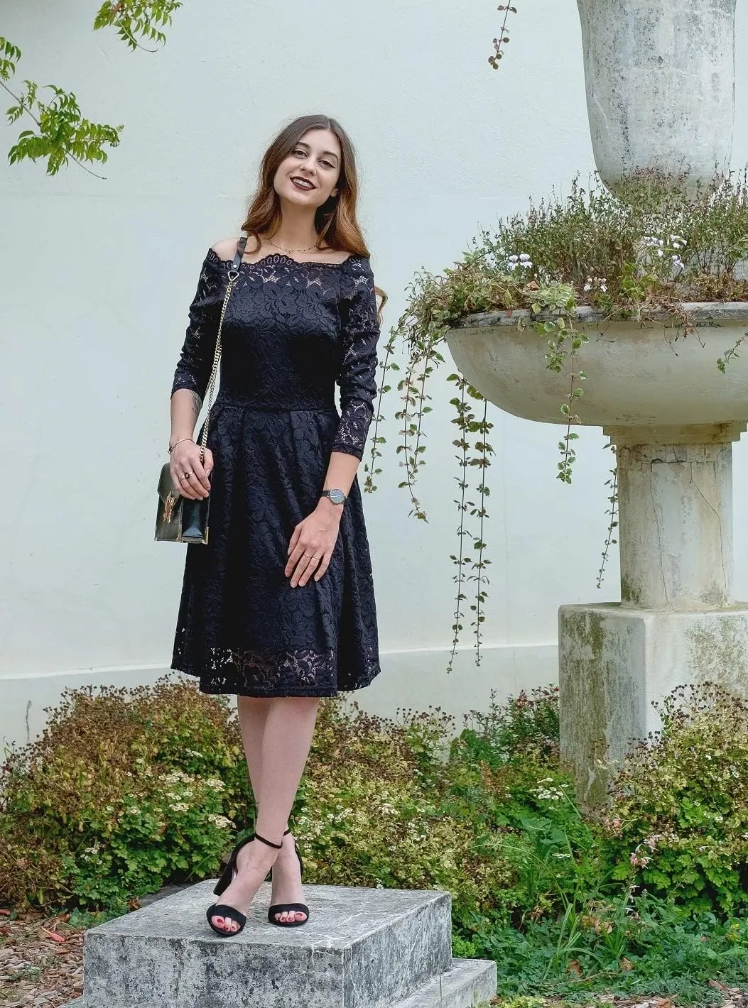 MISSMAY Women's Vintage Floral Lace Long Sleeve Boat Neck Cocktail Party Swing Dress