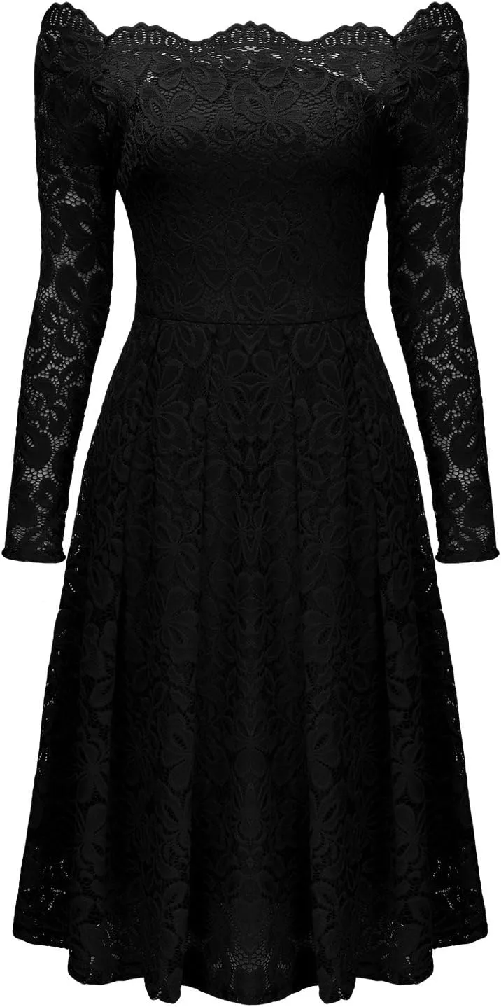 MISSMAY Women's Vintage Floral Lace Long Sleeve Boat Neck Cocktail Party Swing Dress