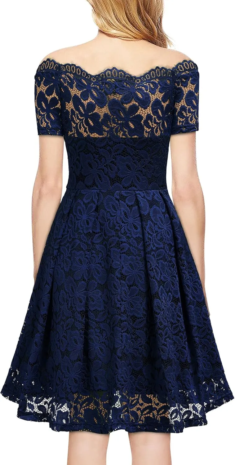 MISSMAY Women's Vintage Floral Lace Short Sleeve Boat Neck Cocktail Party Swing Dress