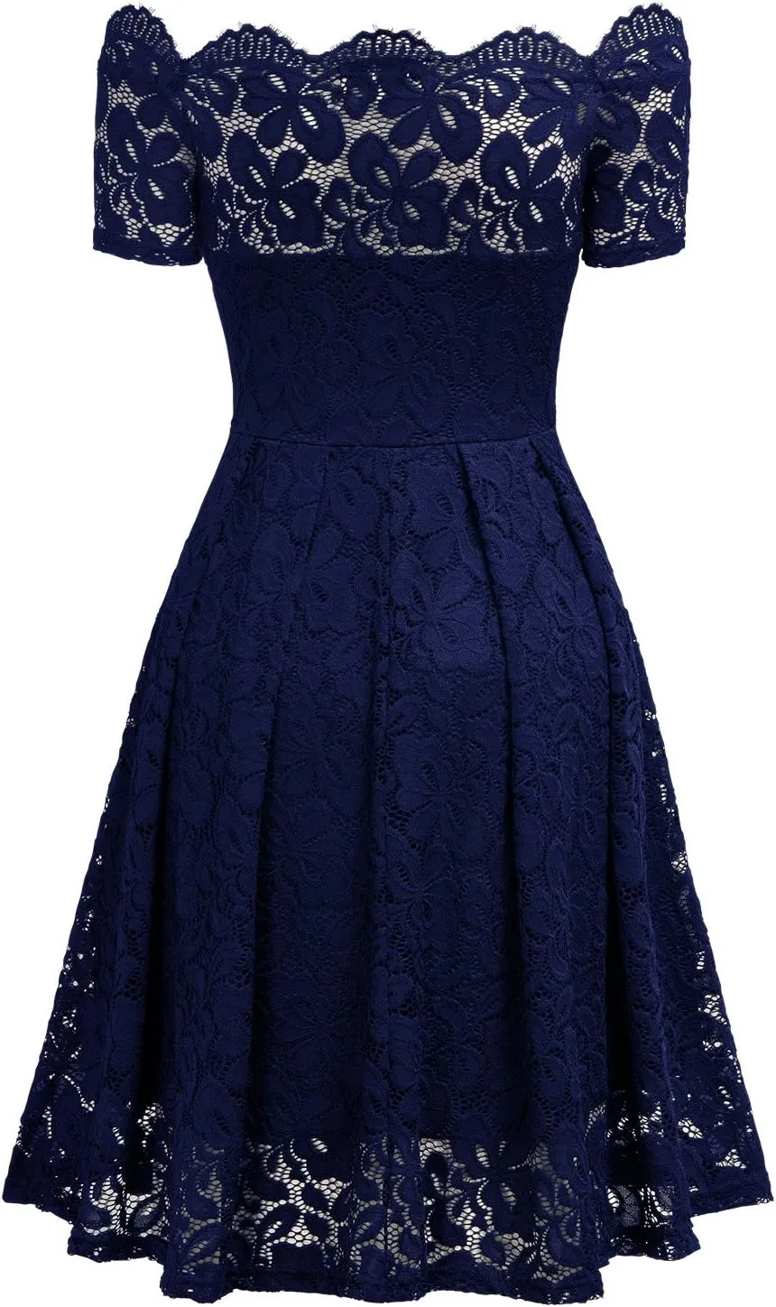 MISSMAY Women's Vintage Floral Lace Short Sleeve Boat Neck Cocktail Party Swing Dress