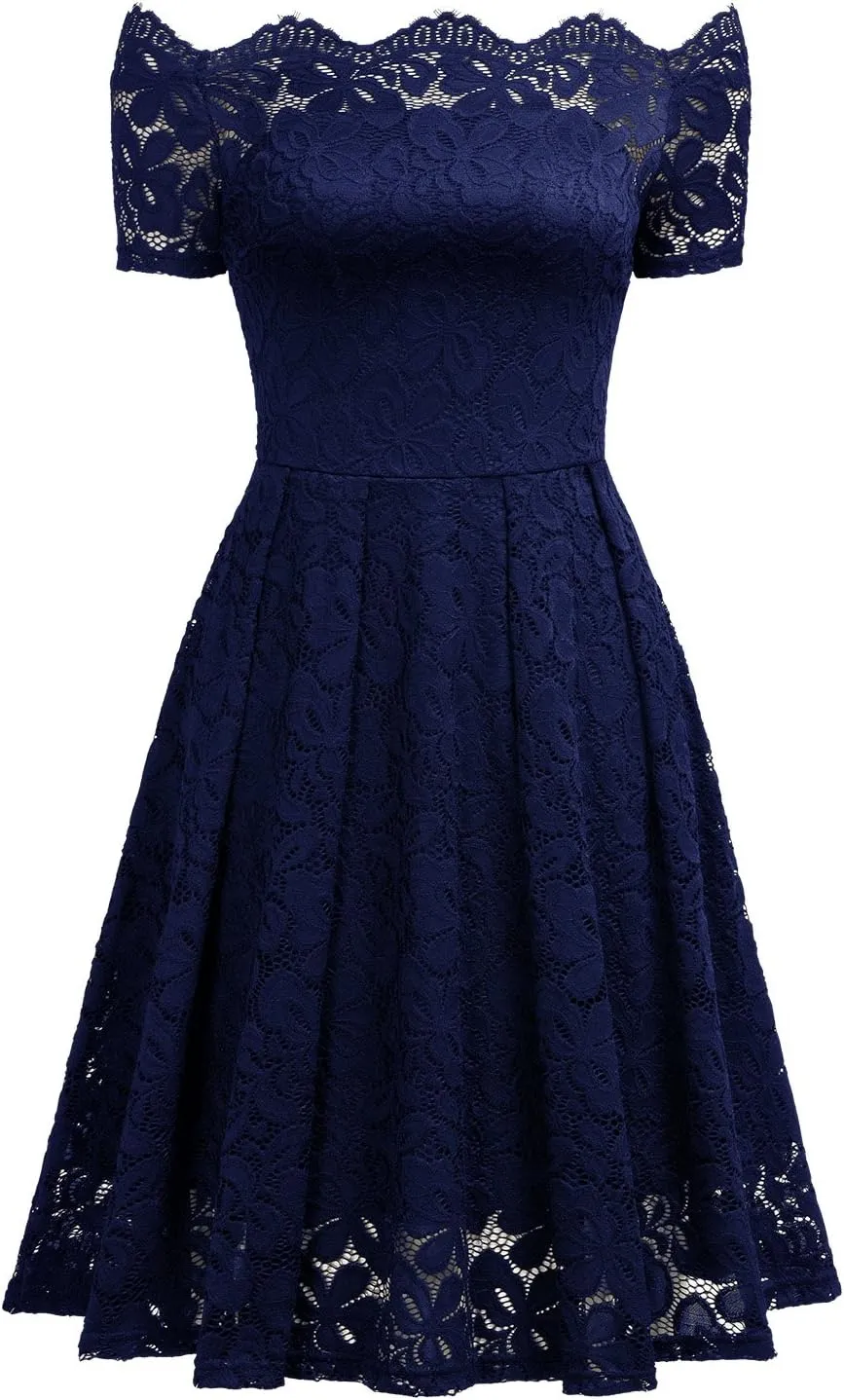 MISSMAY Women's Vintage Floral Lace Short Sleeve Boat Neck Cocktail Party Swing Dress