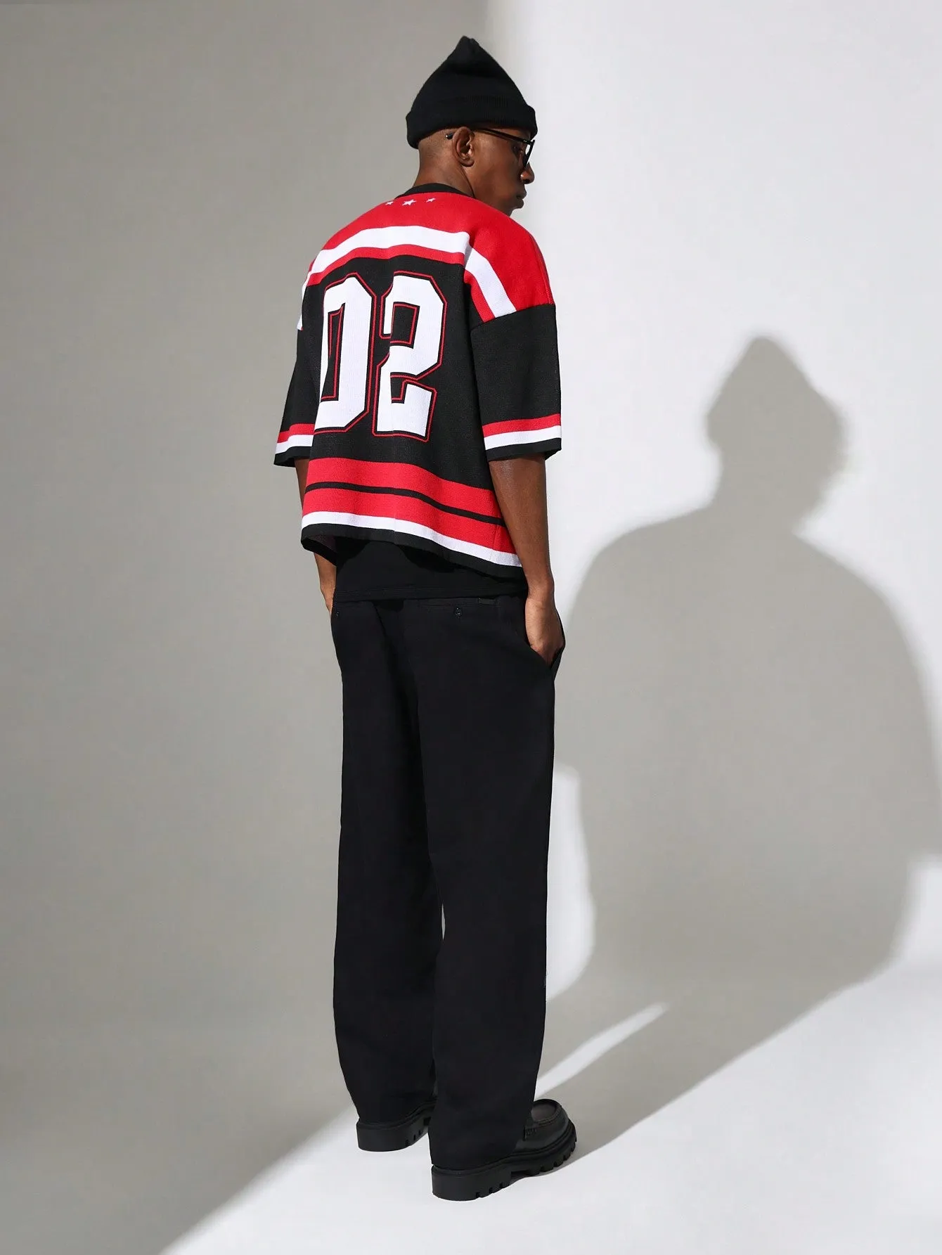 Oversized Fit Dropped Shoulder Colour Block V Neck Knit Top