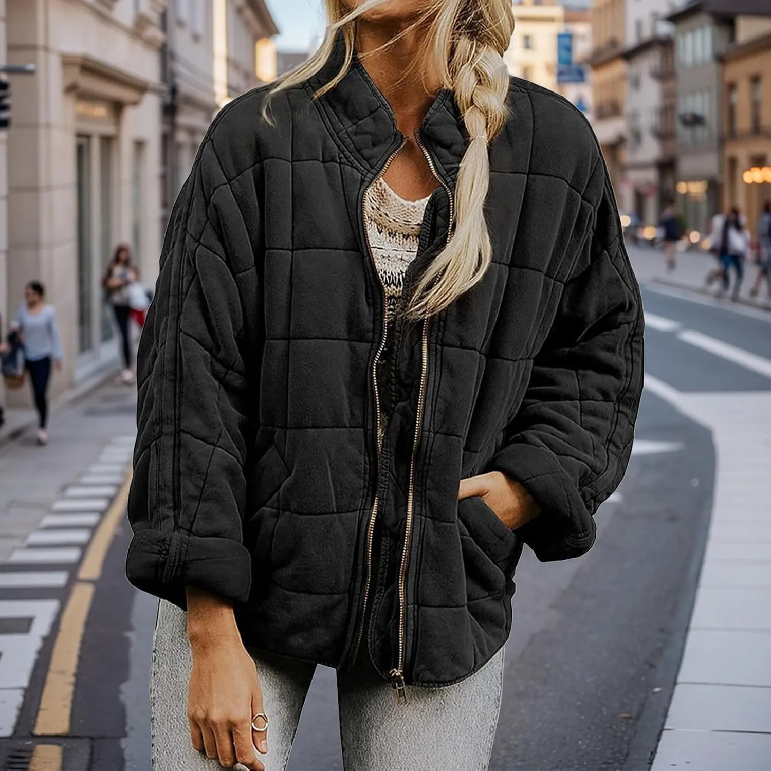 Quilted Jackets for Women Lightweight Puffer Jacket Oversized Casual Zip Up Coats Warm Winter Bomber Outerwear Pockets