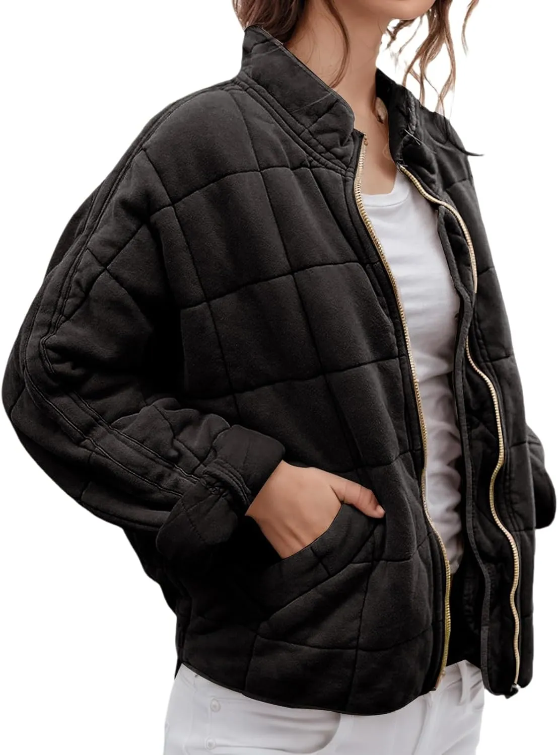 Quilted Jackets for Women Lightweight Puffer Jacket Oversized Casual Zip Up Coats Warm Winter Bomber Outerwear Pockets