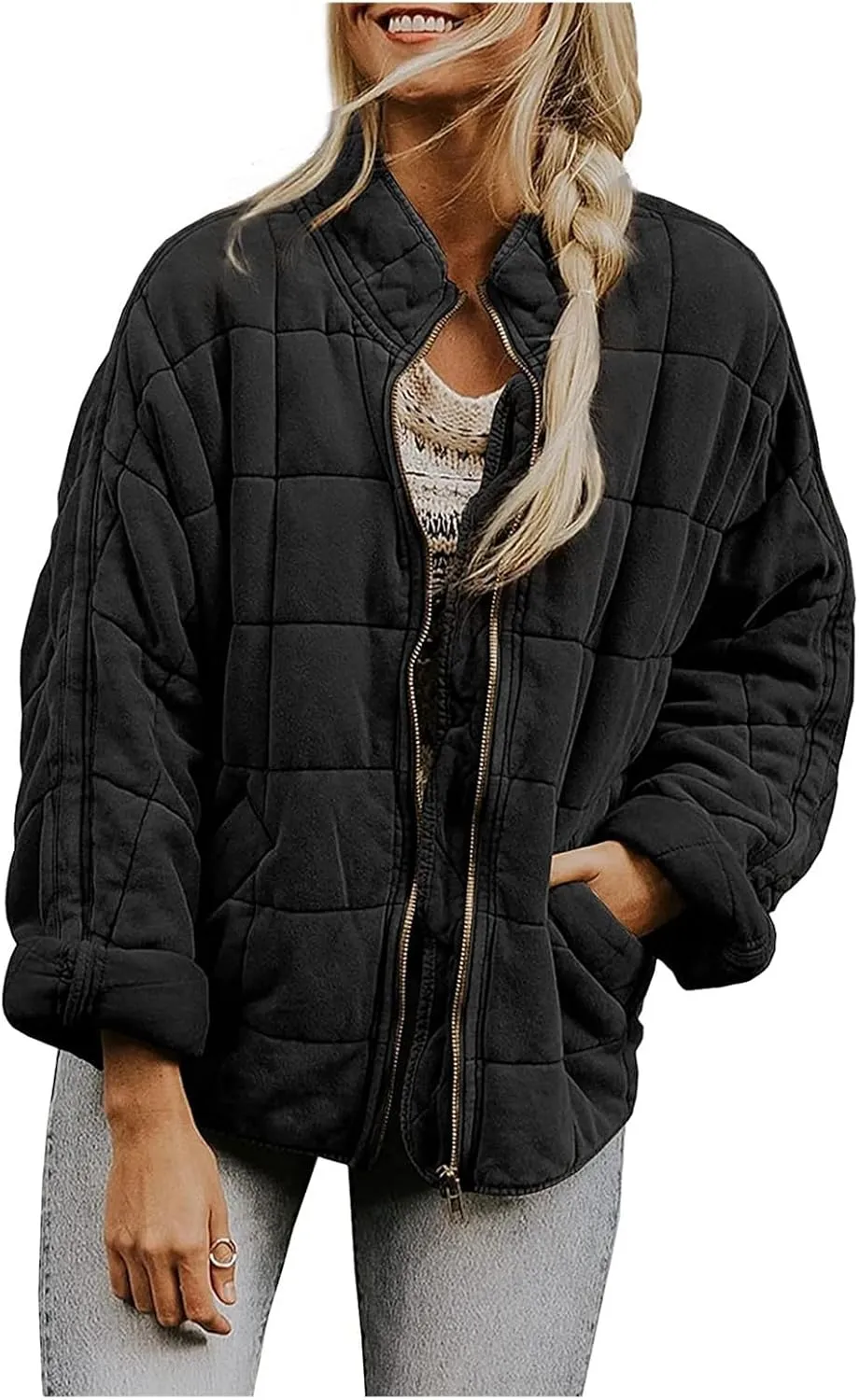 Quilted Jackets for Women Lightweight Puffer Jacket Oversized Casual Zip Up Coats Warm Winter Bomber Outerwear Pockets