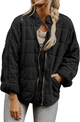 Quilted Jackets for Women Lightweight Puffer Jacket Oversized Casual Zip Up Coats Warm Winter Bomber Outerwear Pockets