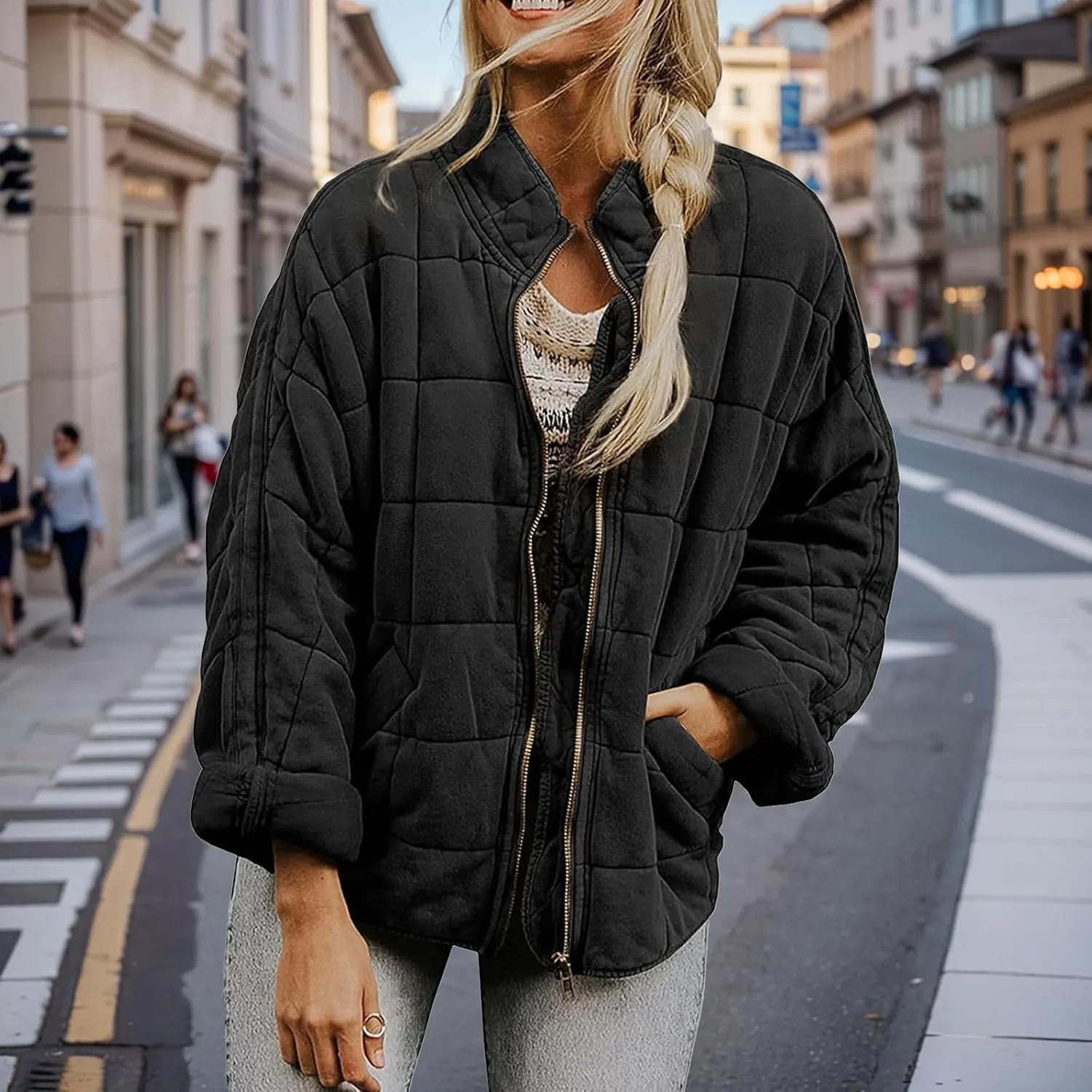 Quilted Jackets for Women Lightweight Puffer Jacket Oversized Casual Zip Up Coats Warm Winter Bomber Outerwear Pockets