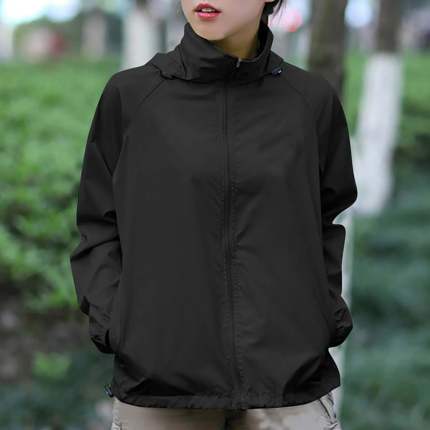 Rain Jacket Women Waterproof Lightweight Windbreaker Jacket with Hood Outdoor Sports Packable Raincoat with Pockets