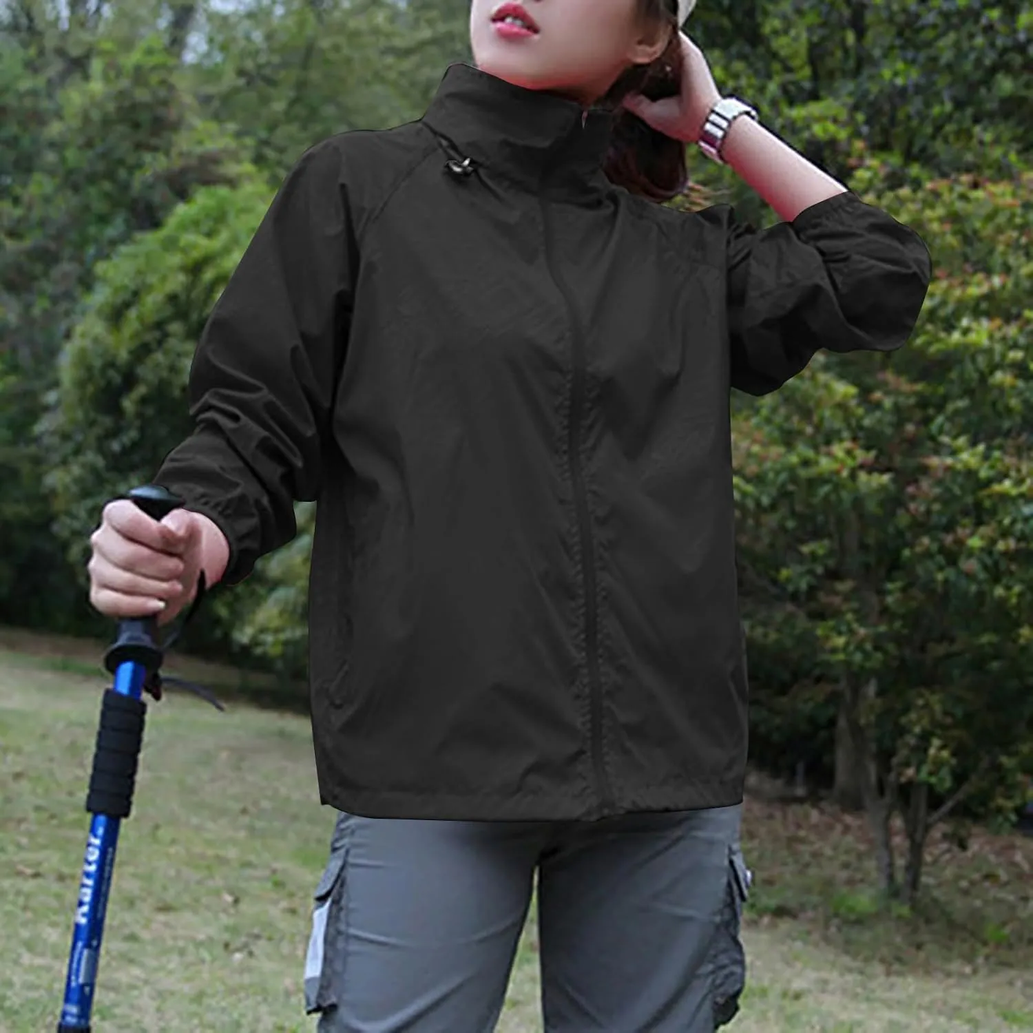 Rain Jacket Women Waterproof Lightweight Windbreaker Jacket with Hood Outdoor Sports Packable Raincoat with Pockets
