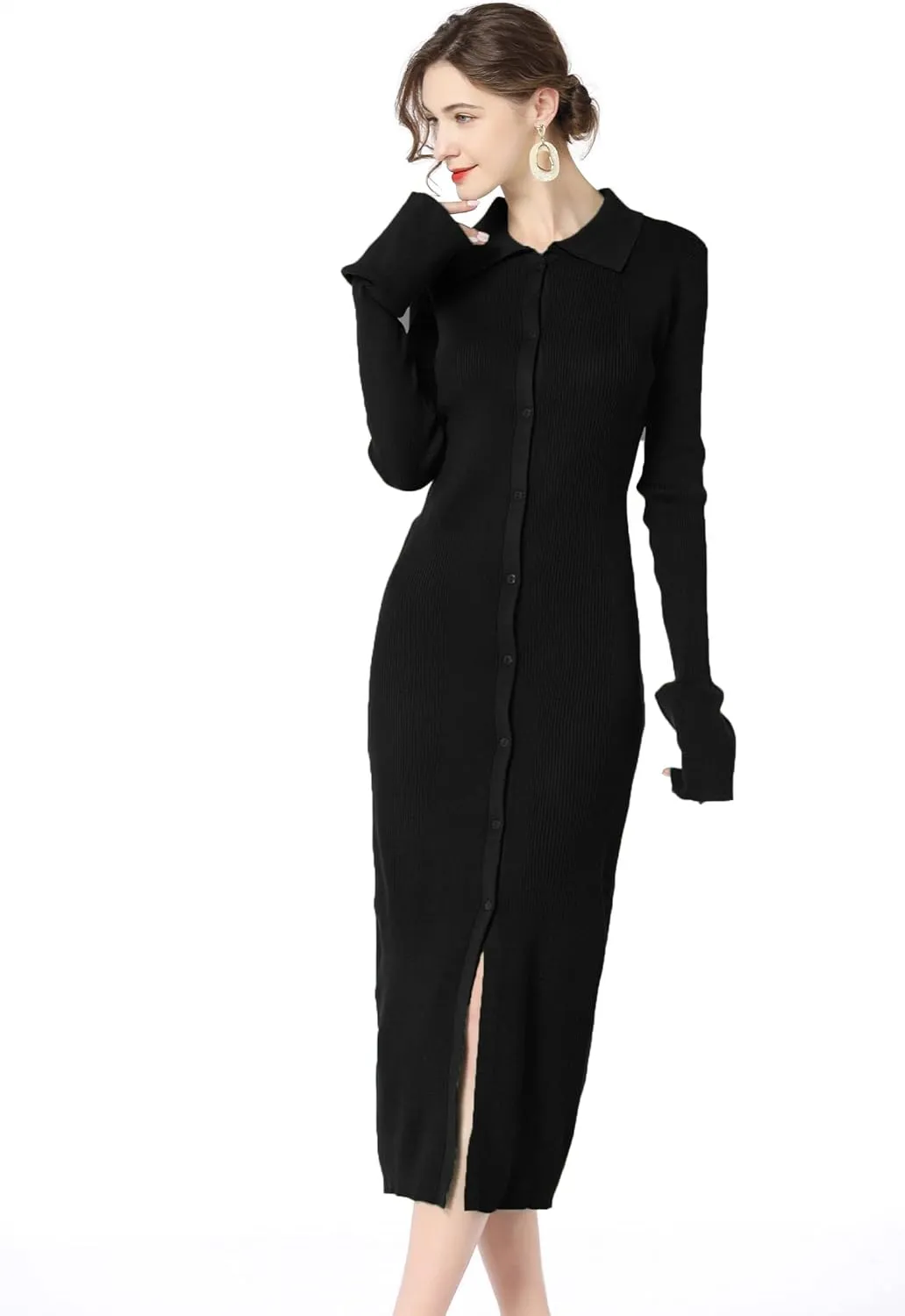 RanRui Women Long Sleeve Knit Dress Stripe Botton Down Knitted Dress Cardigan Sweater Dresses Ribbed Knit Bodycon Maxi Dress