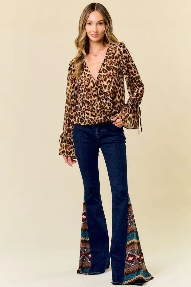 Rodeo Rose Western Boho Aztec Flare Pants, Denim