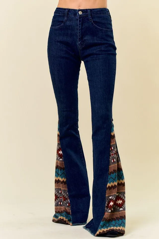 Rodeo Rose Western Boho Aztec Flare Pants, Denim