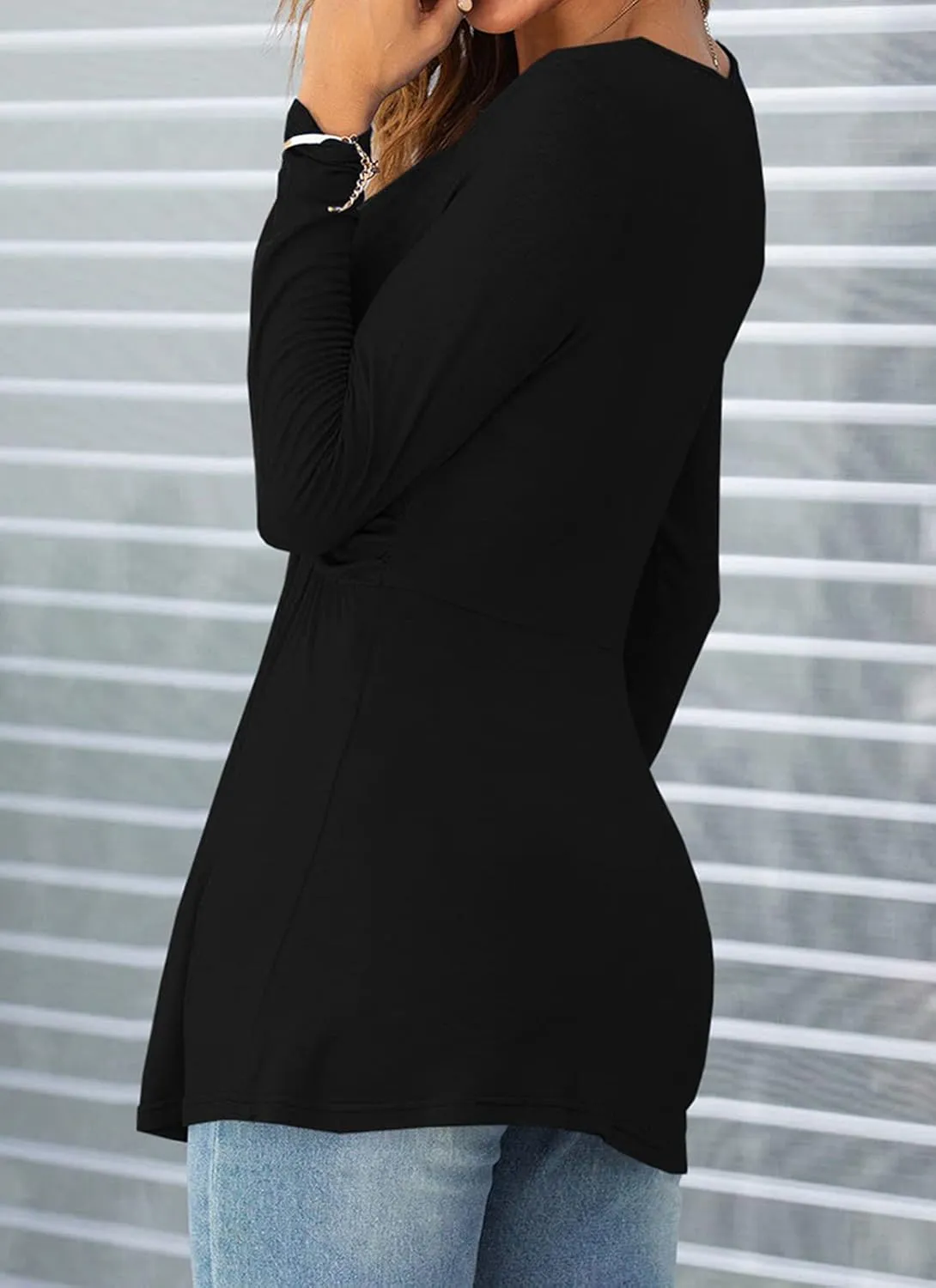Tankaneo Women V-Neck Front Knotted Blouse Shirt Long Sleeve Elegant Casual T-Shirt Solid Color Pullover Tops