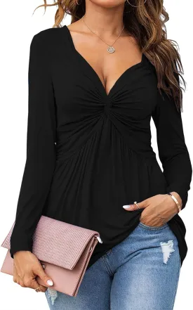 Tankaneo Women V-Neck Front Knotted Blouse Shirt Long Sleeve Elegant Casual T-Shirt Solid Color Pullover Tops