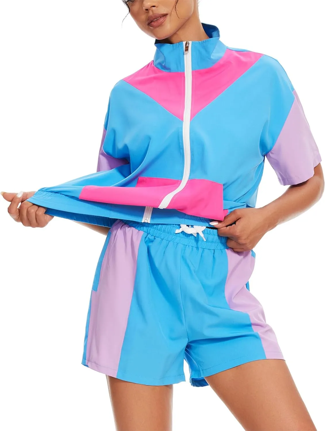 UOUA Women's 80s Color Block Outfits 2 Piece Tracksuit 90s Party Costume Summer Zip Up Windbreaker & Short Sets