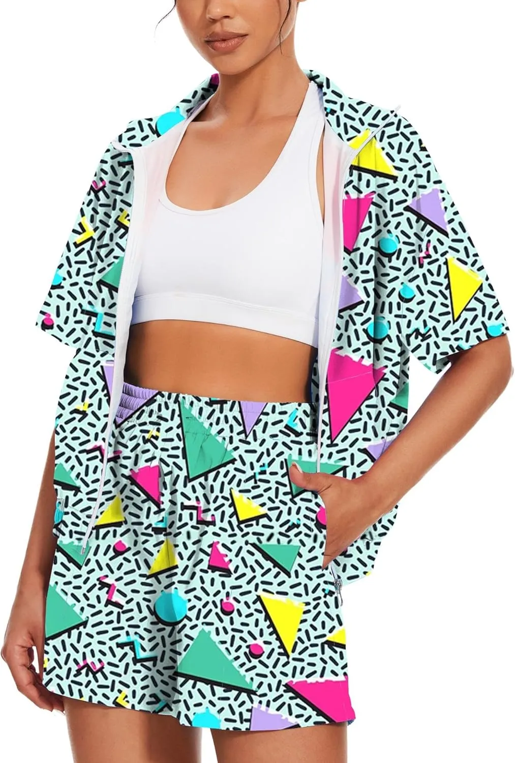 UOUA Women's 80s Color Block Outfits 2 Piece Tracksuit 90s Party Costume Summer Zip Up Windbreaker & Short Sets